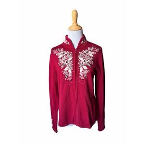 Women's Foxcroft Long Sleeve Full Zip Floral Embroidered Christmas Sweater- Sz M